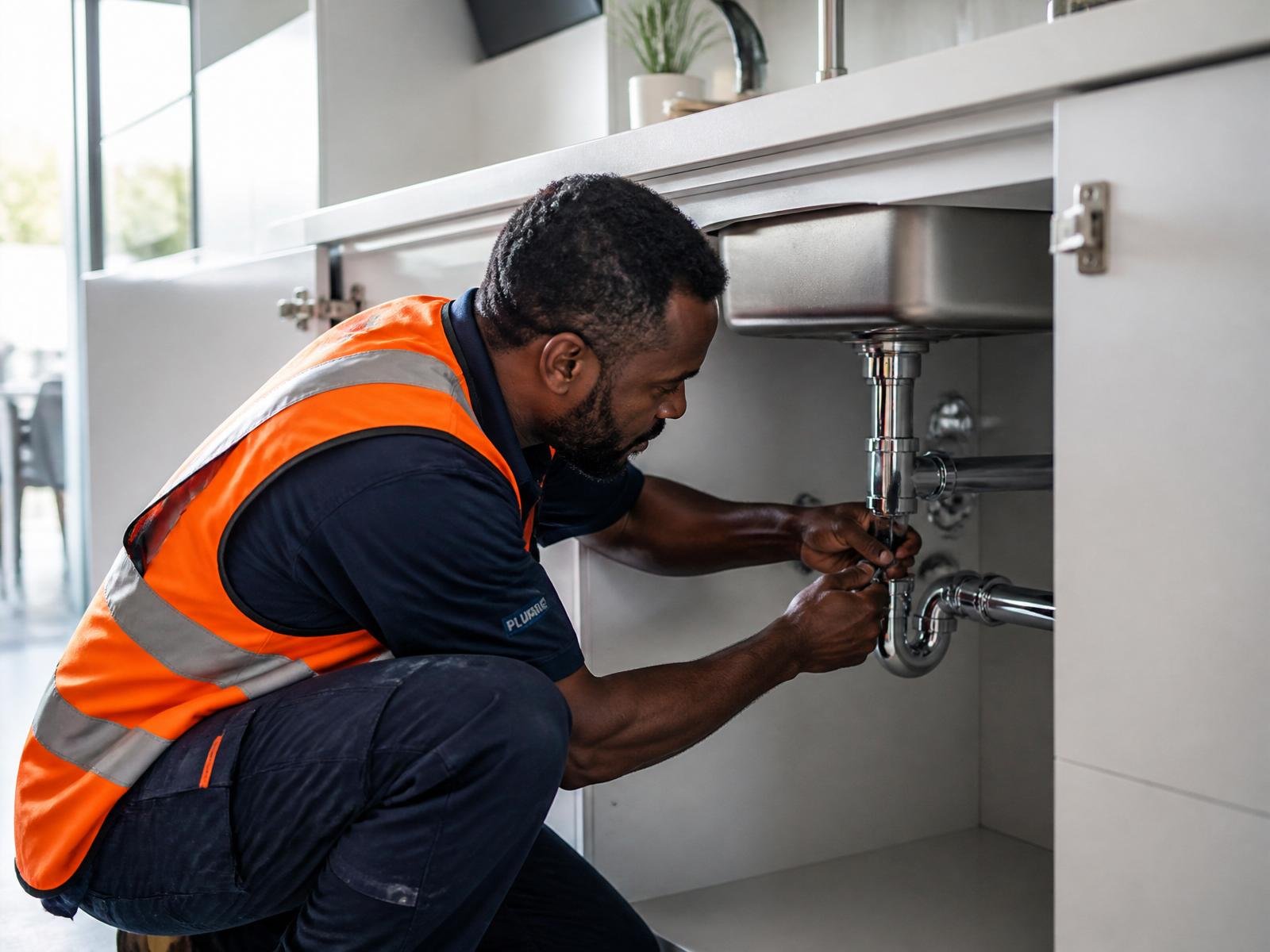 Professional Power Plumbers & Electrical technician working in a modern kitchen